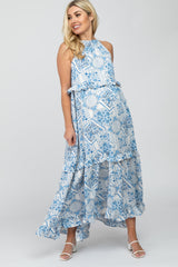 Blue Floral Paisley Print Tiered Maternity Maxi Dress