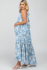 Blue Floral Paisley Print Tiered Maternity Maxi Dress