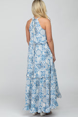 Blue Floral Paisley Print Tiered Maternity Maxi Dress