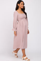 Mauve Smocked Square Neck Maternity Midi Dress