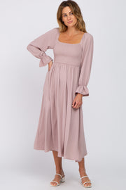 Mauve Smocked Square Neck Midi Dress