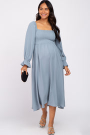 Light Blue Smocked Square Neck Maternity Midi Dress