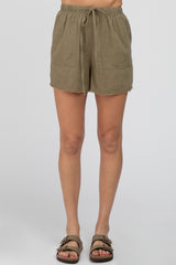 Olive Linen Fringe Hem Drawstring Shorts