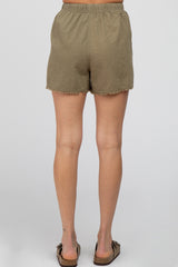 Olive Linen Fringe Hem Drawstring Shorts