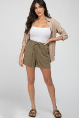 Olive Linen Fringe Hem Drawstring Shorts