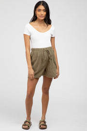 Olive Linen Fringe Hem Drawstring Maternity Shorts