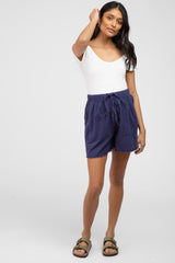 Navy Blue Linen Fringe Hem Drawstring Maternity Shorts