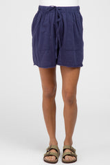 Navy Blue Linen Fringe Hem Drawstring Maternity Shorts