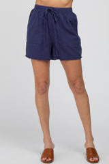 Navy Blue Linen Fringe Hem Drawstring Shorts