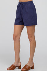 Navy Blue Linen Fringe Hem Drawstring Shorts