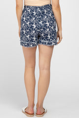 Navy Floral Frayed Hem Maternity Shorts