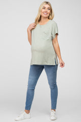 Light Green Heathered Front Pocket Maternity Top