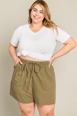 Olive Linen Fringe Hem Drawstring Maternity Plus Shorts