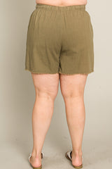 Olive Linen Fringe Hem Drawstring Plus Shorts