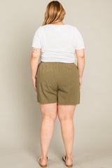 Olive Linen Fringe Hem Drawstring Plus Shorts