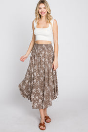 Mocha Floral Round Hem Midi Skirt