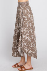 Mocha Floral Round Hem Midi Skirt