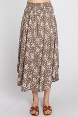 Mocha Floral Round Hem Midi Skirt