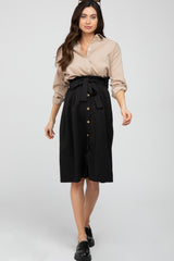 Black Button-Down Waist Tie Maternity Midi Skirt