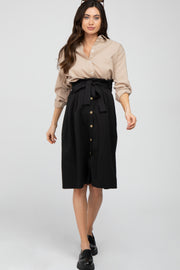 Black Button-Down Waist Tie Maternity Midi Skirt