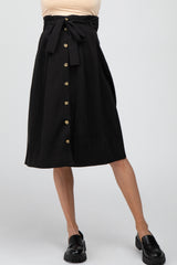 Black Button-Down Waist Tie Maternity Midi Skirt