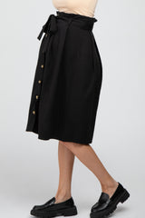 Black Button-Down Waist Tie Maternity Midi Skirt