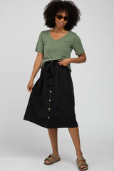 Black Button-Down Waist Tie Midi Skirt