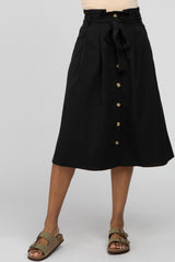 Black Button-Down Waist Tie Midi Skirt