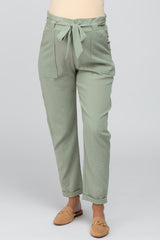 Light Olive Paper Bag Waist Cropped Maternity Pants