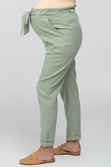 Light Olive Paper Bag Waist Cropped Maternity Pants