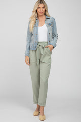 Light Olive Paper Bag Waist Cropped Pants