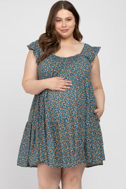 Teal Ditsy Floral Flutter Sleeve Maternity Plus Dress