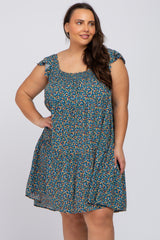 Teal Ditsy Floral Flutter Sleeve Plus Dress