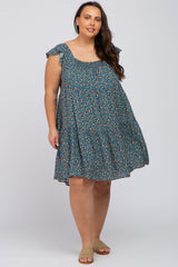 Teal Ditsy Floral Flutter Sleeve Plus Dress