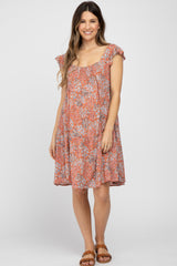 Rust Ditsy Floral Flutter Sleeve Maternity Dress