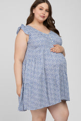 Blue Floral Button Front Tiered Maternity Plus Dress