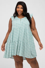 Mint Green Floral Button Front Tiered Plus Dress