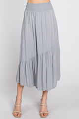 Light Blue Linen Ruffle Hem Side Slit Midi Skirt