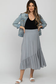 Light Blue Linen Ruffle Hem Side Slit Maternity Midi Skirt