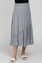 Light Blue Linen Ruffle Hem Side Slit Maternity Midi Skirt