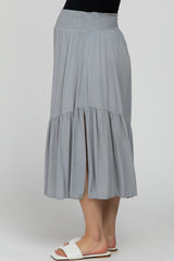 Light Blue Linen Ruffle Hem Side Slit Maternity Midi Skirt