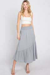 Light Blue Linen Ruffle Hem Side Slit Midi Skirt