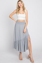 Light Blue Linen Ruffle Hem Side Slit Midi Skirt