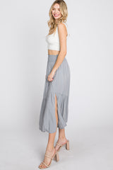 Light Blue Linen Ruffle Hem Side Slit Midi Skirt