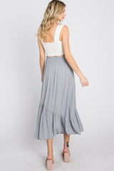 Light Blue Linen Ruffle Hem Side Slit Midi Skirt