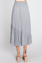 Light Blue Linen Ruffle Hem Side Slit Midi Skirt