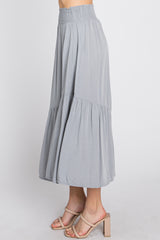 Light Blue Linen Ruffle Hem Side Slit Midi Skirt