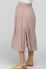 Light Pink Linen Ruffle Hem Side Slit Maternity Midi Skirt