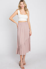 Light Pink Linen Ruffle Hem Side Slit Midi Skirt