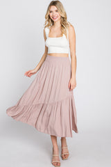 Light Pink Linen Ruffle Hem Side Slit Midi Skirt